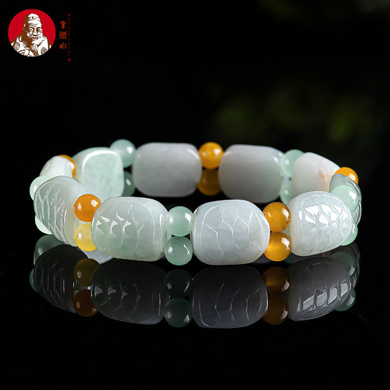 ((ใบรับรองรวม) ธรรมชาติสินค้ารูปแบบเต่า Jadeite สร้อยข้อมือแกะสลัก Fujia World สร้อยข้อมือผู้ชายผู้หญิงสไตล์