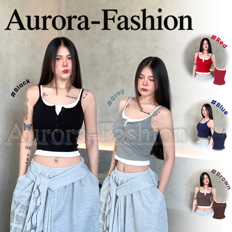 Aurora🛒พร้อมส่ง🚚 (รูปถ่ายจากงานจริง) เสื้อสายเดี่ยวเสริมฟองน้ำในตัว แต่งสองชั้น ดีเทลดีสดใส