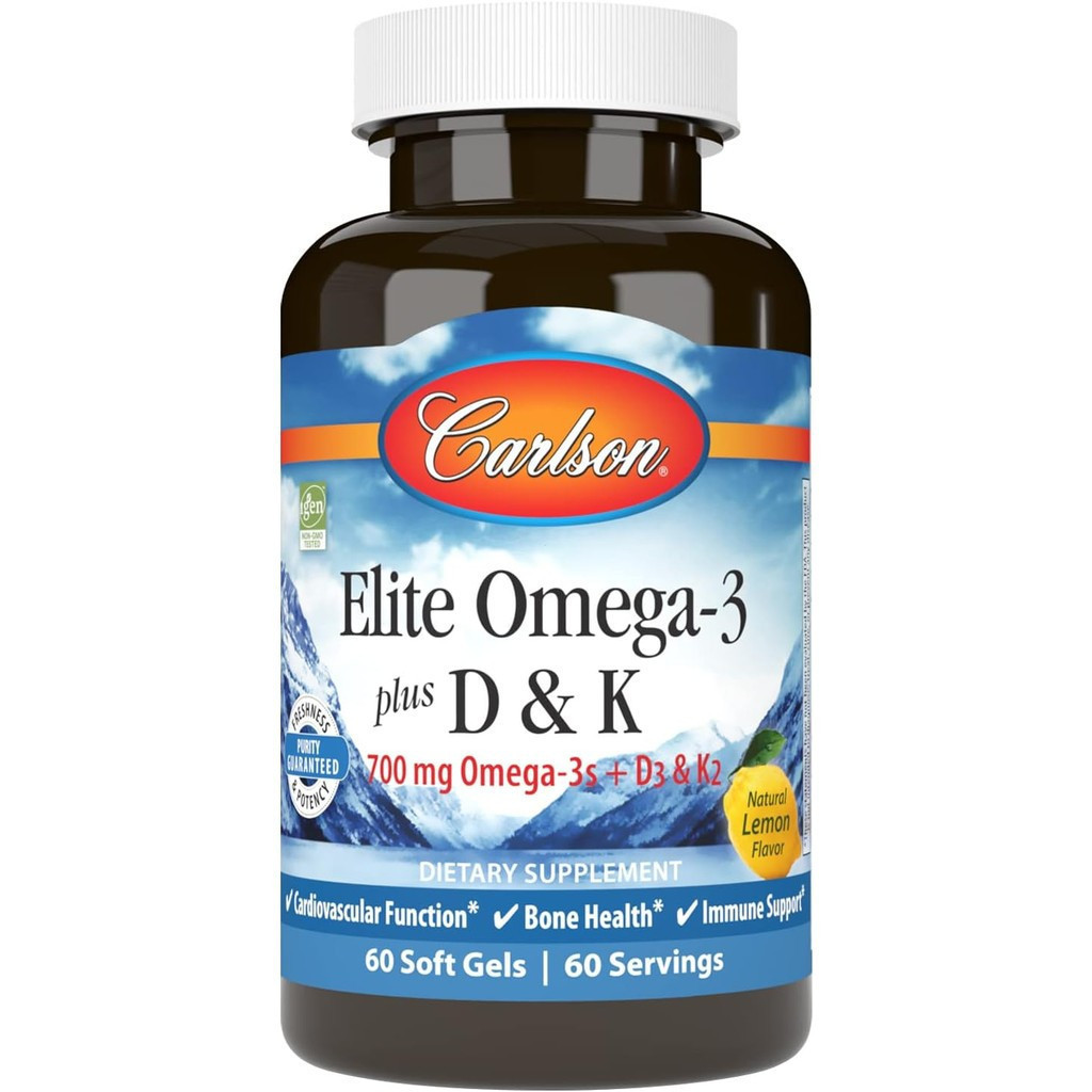 Carlson - Elite Omega-3 Plus D & K, 700 mg Omega-3s + D3 & K2, Function, Bone Health & Immune Suppor