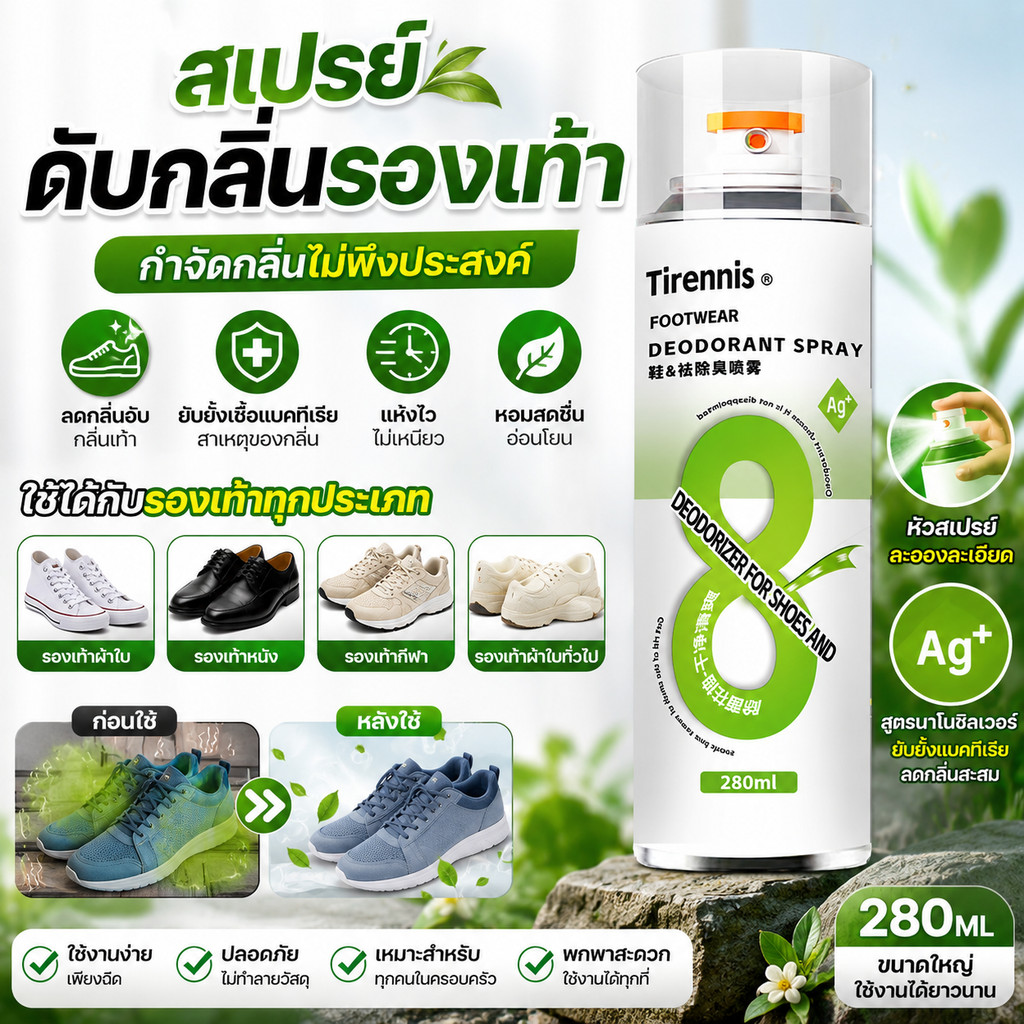สเปรย์ดับกลิ่นรองเท้า 280ML สเปรย์กำจัดกลิ่นรองเท้า กลิ่นเท้า รองเท้าเหม็น แห้งไว ไม่เหนียว ใช้งานง่าย สำหรับรองเท้าผ้าใ