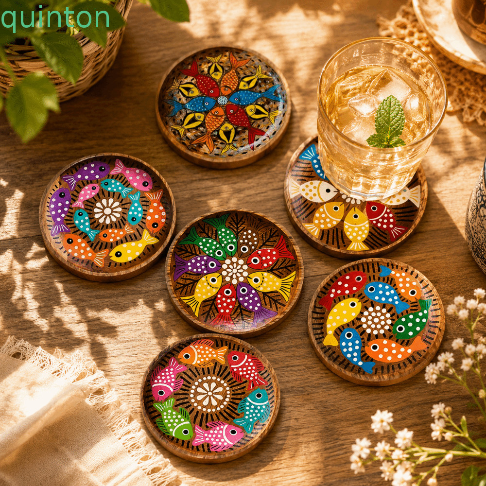 QUITON 6 ชิ้นจานรองแก้วไม้,ทนความร้อนลื่นเครื่องดื่ม Coaster,สไตล์ปลาแมวสุนัขดอกไม้ 2D แบน Mat Cafe 