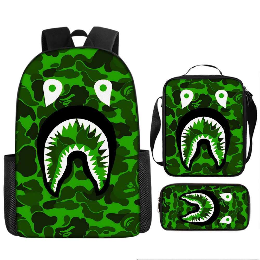 Camouflage Shark Backpack+Crossbody Bag + ดินสอชุด 3 ชิ้นขนาดใหญ่ความจุ 3D กระเป๋าเป้สะพายหลัง Casual ไหล่กระเป๋าปากกา Mountaineering กระเป๋าโรงเรียนชุด 1102