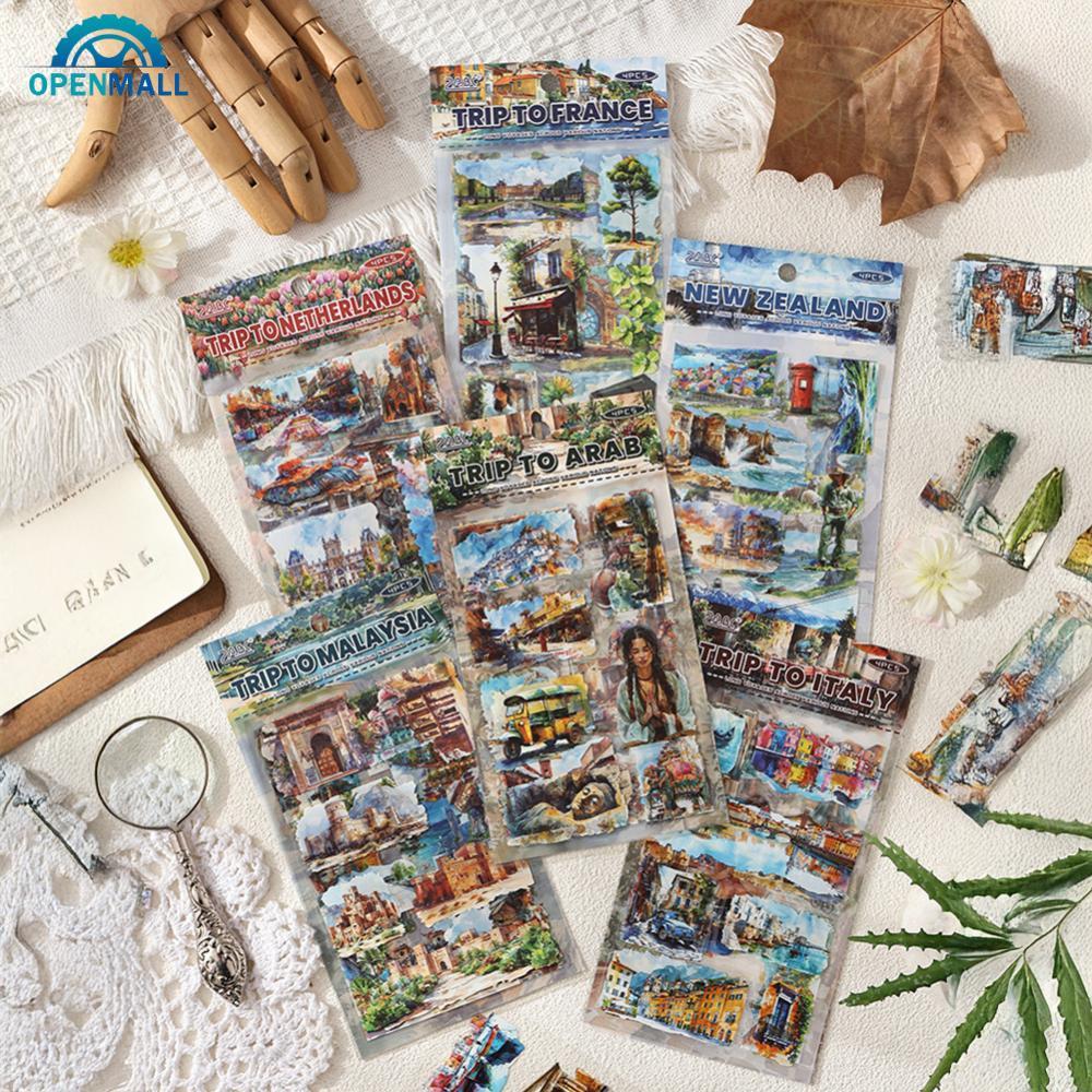 OPENMALL 4 ชิ้นขนาดใหญ่ Nations Series Vintage World Travel PET สติกเกอร์ภูมิทัศน์ตัวอักษร Junk Jour