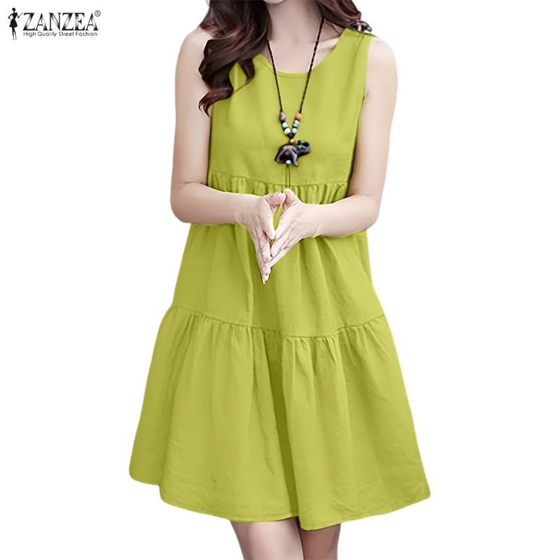 ZANZEA ผู้หญิงฤดูร้อนเกาหลีวันหยุดสบายๆลูกเรือคอแขนกุด Ruffles Splicing A-Line Tank Dresses