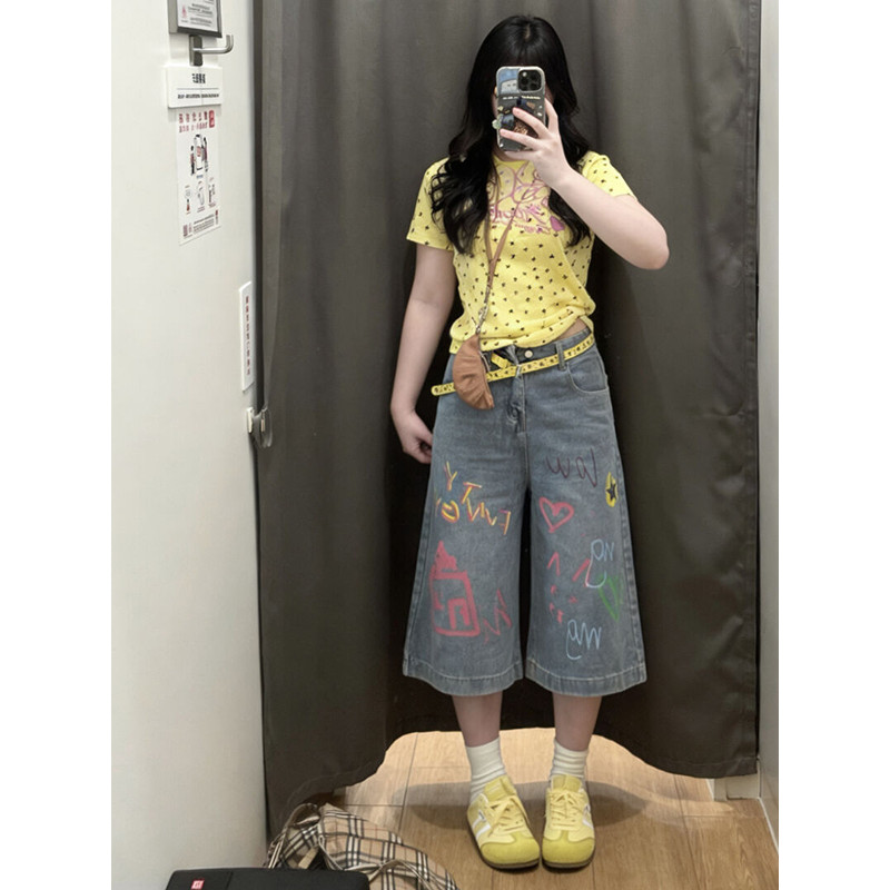 กางเกงยีนส์ขายาว jinn jeans American Retro Dopamine Graffiti Print Cropped Jeans ผู้หญิงฤดูร้อน 2026
