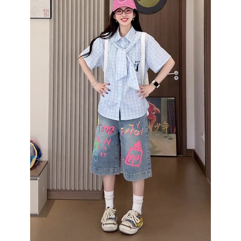 jinn jeans กางเกงยีนส์ขายาว American Retro Dopamine Graffiti Print Cropped Jeans ผู้หญิงฤดูร้อน Crop