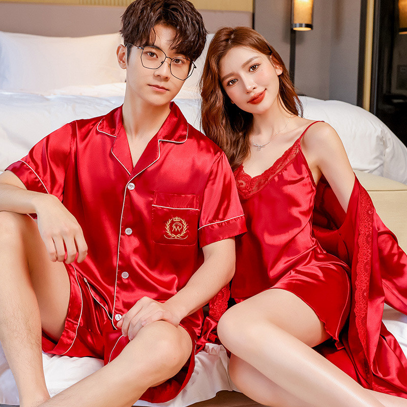 现货热卖结婚红色感夏天情侣睡衣女高级感吊带睡裙睡袍冰丝家居服男套装Wedding Red Sense Summer Couple Pajamas Female High Sense20260704