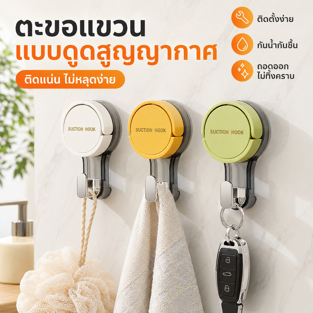 ตะขอสูญญากาศไม่เจาะไม่ใช้กาว กันน้ำถอดซ้ำได้ ดีไซน์สวยคุ้มราคา วัสดุปลอดภัยทนทาน ติดห้องน้ำครัวแขวนของ พร้อมส่ง