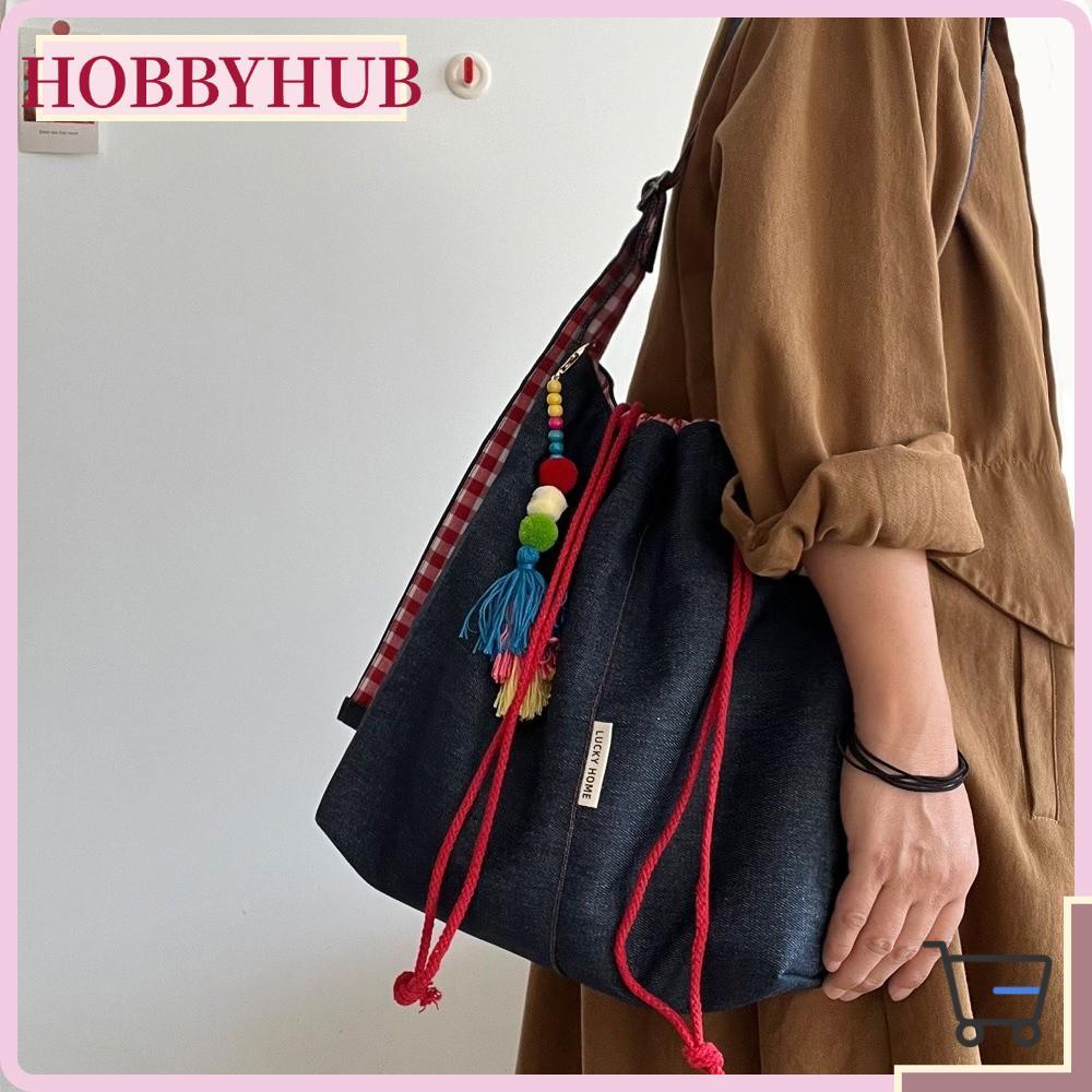 HOBBYHUB กระเป๋าสะพายไหล่, กระเป๋าสะพายข้างผ้าแคนวาสความจุขนาดใหญ่, ผ้ายีนส์อเนกประสงค์ Casual Plaid Tote Bag Commuting