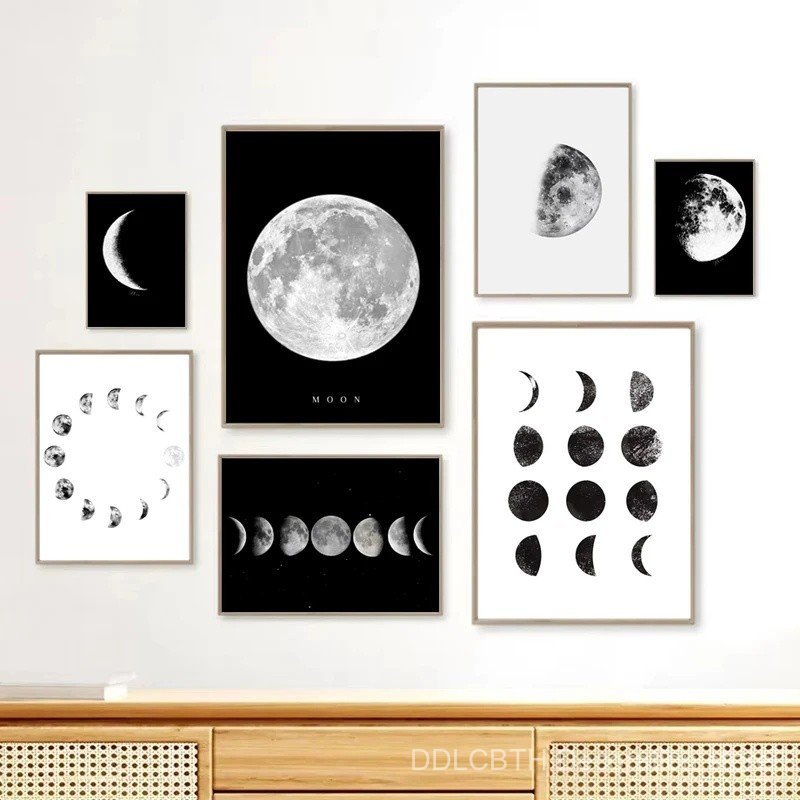 7F9O 1 PC สีดําและสีขาว Moon Phase ความงามโปสเตอร์ Minimalist คลาสสิก Moon Wall Art ภาพจิตรกรรมฝาผนั