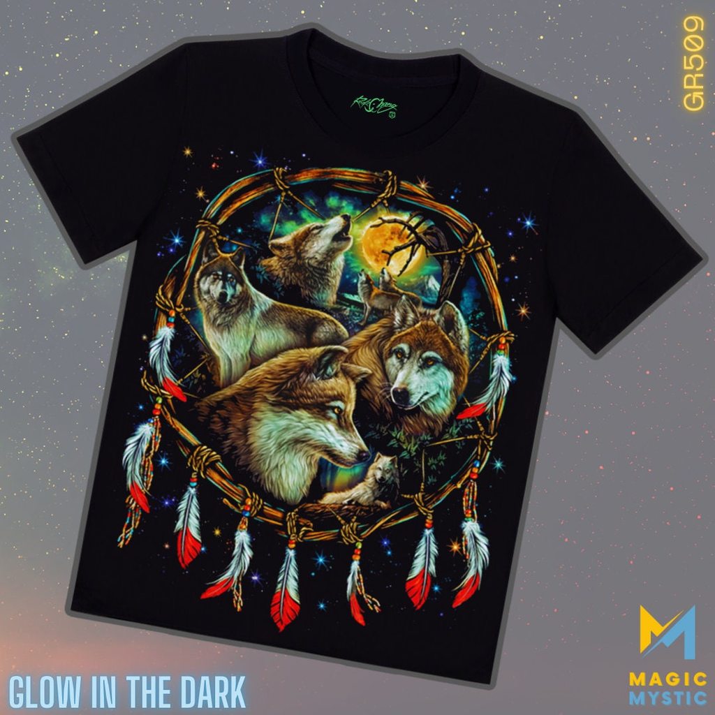 เสื้อยืดสีดํา Rock Chang Original Wolves Pack Nature Beauty Native พิมพ์สมจริง Glow in the Dark Unis