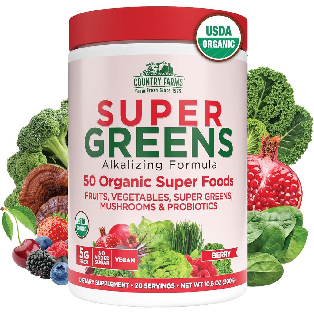 Country Farms Organic Super Greens Berry Flavor, 0 Organic Super Foods, Packed with Fiber, USDA Orga