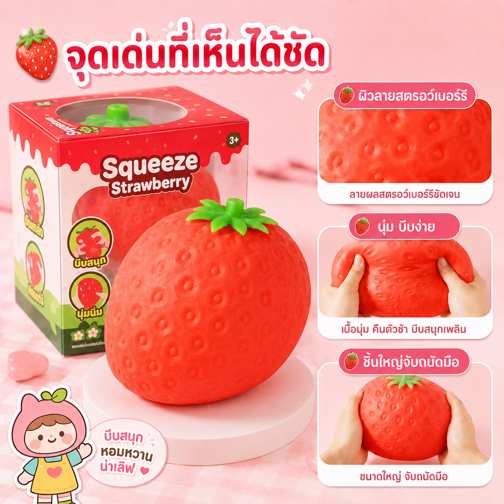 จัดส่งจากกรุงเทพฯ Strawberry Mousse สกุชชี่สอดไส้มูสไซส์ใหญ่นุ่มหนึบ