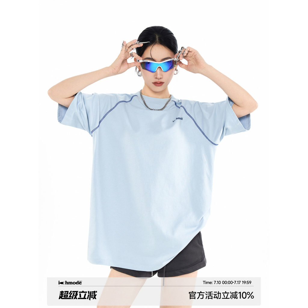 ICH MODE Hassel Line กีฬากลางแจ้งเสื้อยืดแขนสั้นผู้หญิงฤดูร้อนสไตล์ใหม่หลวมครึ่งแขนด้านบน