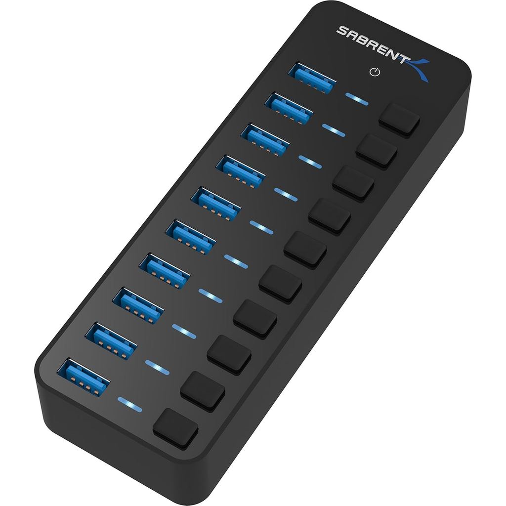 SABRENT 10-Port 60W USB 3.0 Hub พร้อมสวิตช์ไฟส่วนบุคคลและ LEDs, ประกอบด้วยอะแดปเตอร์แปลงไฟ 60W 12V/5