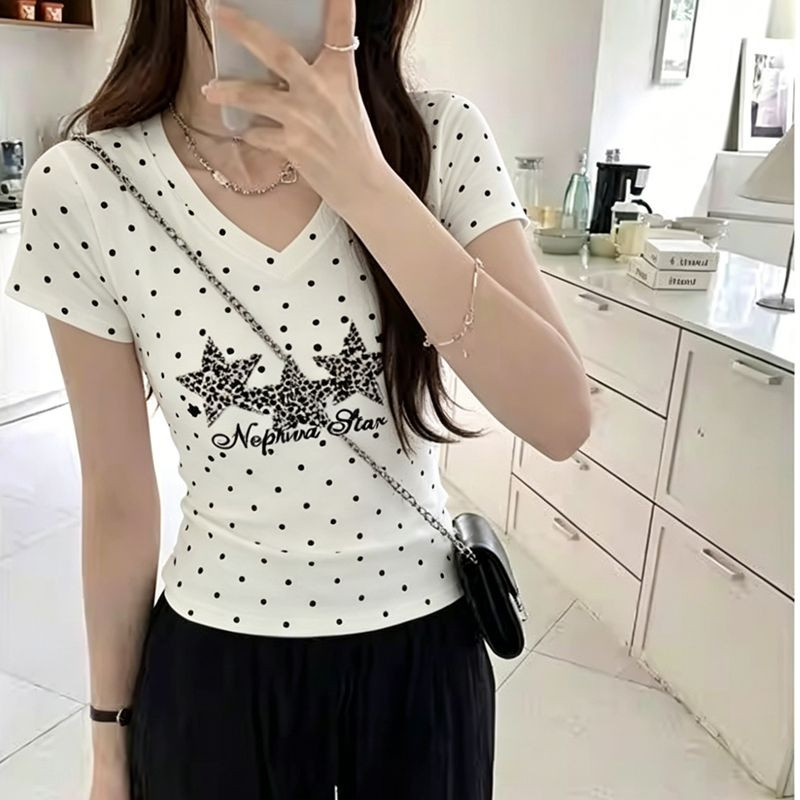 [40 นับ 220g Combed ผ้าฝ้าย 92% + 8% Spandex กลับคอ] Slimmer ดูด้านหน้าไหล่ V คอแขนสั้นเสื้อยืดผู้หญ