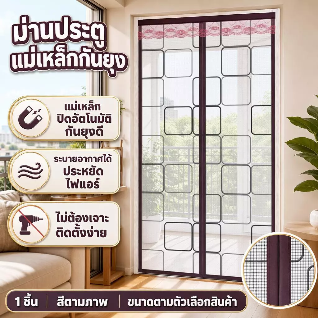 ม่านประตูกันยุงแม่เหล็ก PVC ติดตั้งไม่ต้องเจาะ ประหยัดไฟแอร์ ระบายอากาศ ม่านแบ่งห้องกันฝุ่นแมลง