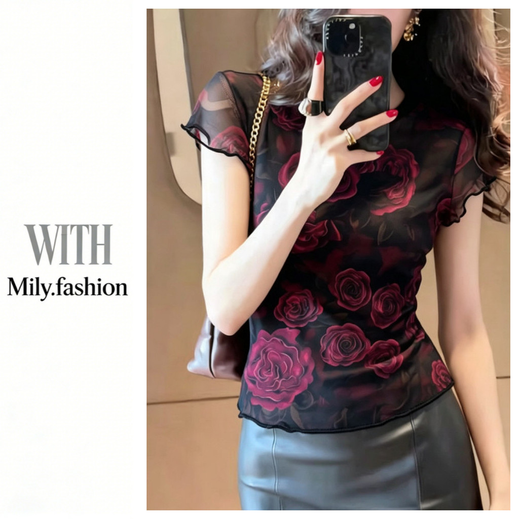 Milyfashion Rose พิมพ์ผ้ากอซสองชั้นแขนสั้นเสื้อยืดฤดูร้อนยืด Slim-Fit Slimmer ดูรอบคอสั้นด้านบน 4MBO