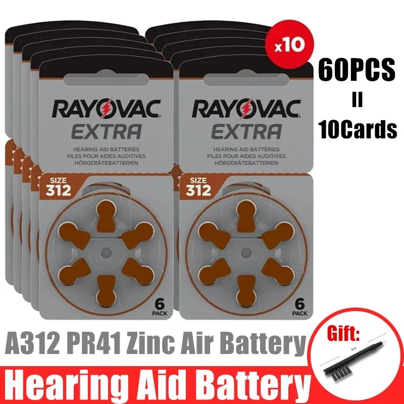 60 PCS Rayovac แบตเตอรี่เครื่องช่วยฟังประสิทธิภาพพิเศษ 312 312A Zinc Air เครื่องช่วยฟังแบตเตอรี่ 312
