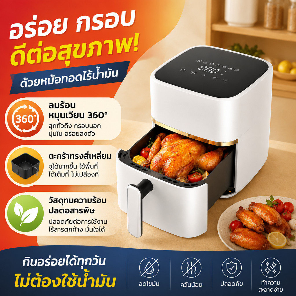 หม้อทอดไร้น้ำมัน Air Fryerล้างง่ายปรับอุณหภูมิได้ หม้อทอดไร้น้ำมัน ดิจิทัลหม้อทอดไร้น้ำมัน ความจุขนา