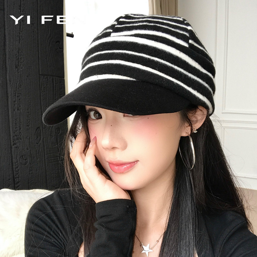 YIFEN เวอร์ชั่นเกาหลี Retro ลายถักหมวกผู้หญิง Bendable Brim High-End All-Match Face-ดูขนาดเล็กสไตล์ศิลปะเบสบอล