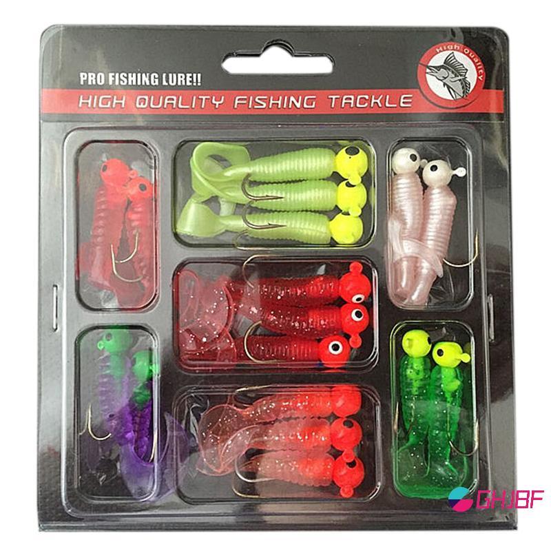 GHJBF] Fishing Lures อุปกรณ์ต่อพ่วง Jig Lead Head Hooks Soft Worm Grub หางเดิมเหยื่อ 17Pcs ศคนคอเต่า