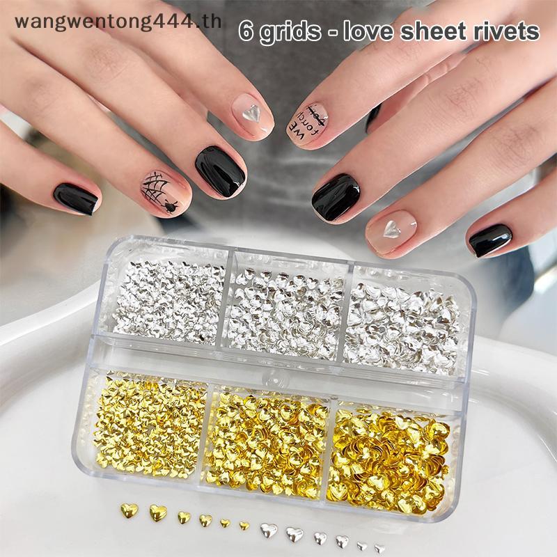 [ TH Fashion ] 6Grids 3D Metal Heart Nail Art Charms Gold/Silver Starlight Rivets Nails Decorative Y