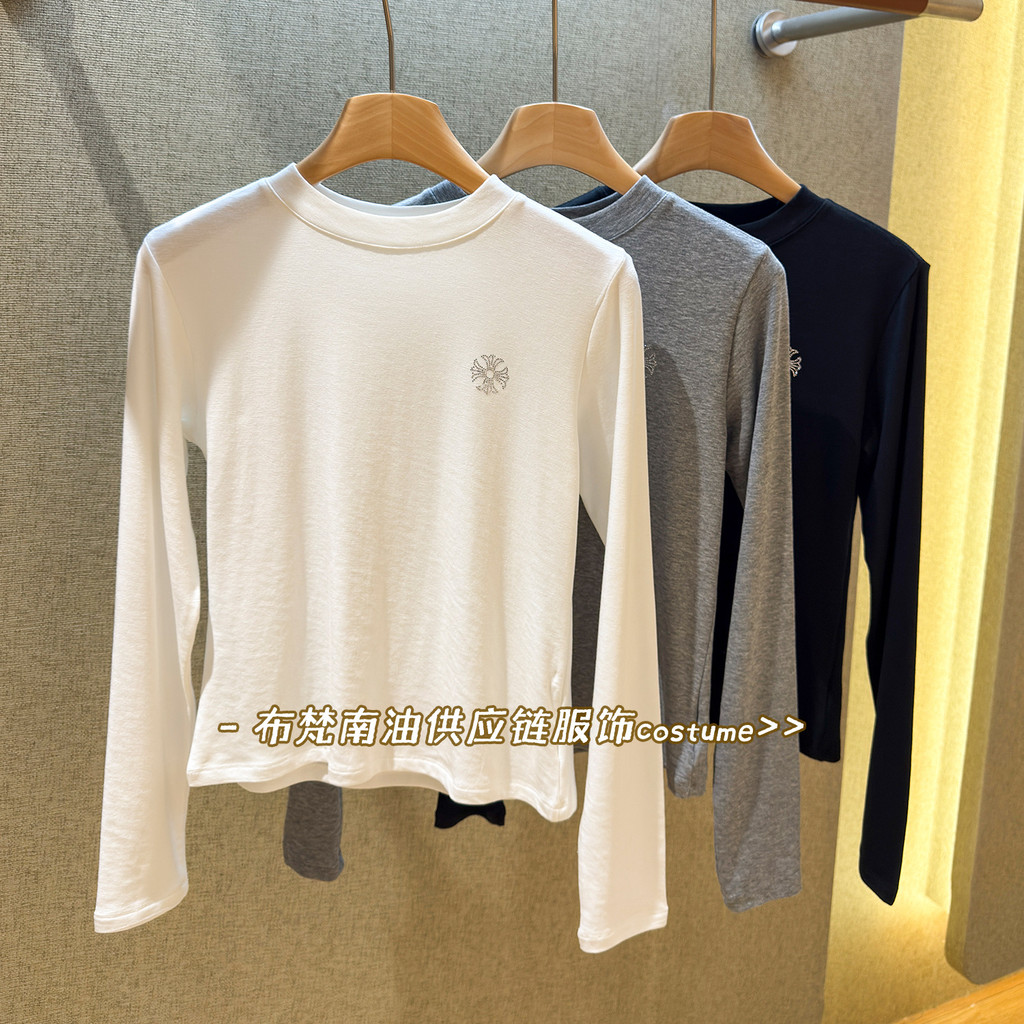 8UIH Crm Hrt Cross Hot Diamond Tencel ผ้าฝ้ายรอบคอแขนยาวเสื้อยืดผู้หญิงฤดูใบไม้ผลิฤดูใบไม้ร่วง Slimm