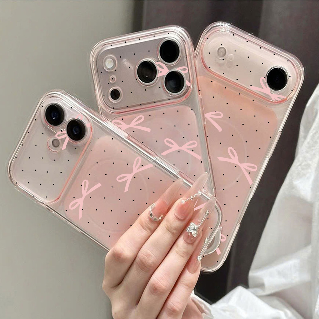 เคสไอโฟน รองรับรุ่น 13 15 11 17 16 12 14 ProMax 7 8Plus XR X XS Max โบว์ริบบิ้นชมพูอ่อนผสมจุดดำ