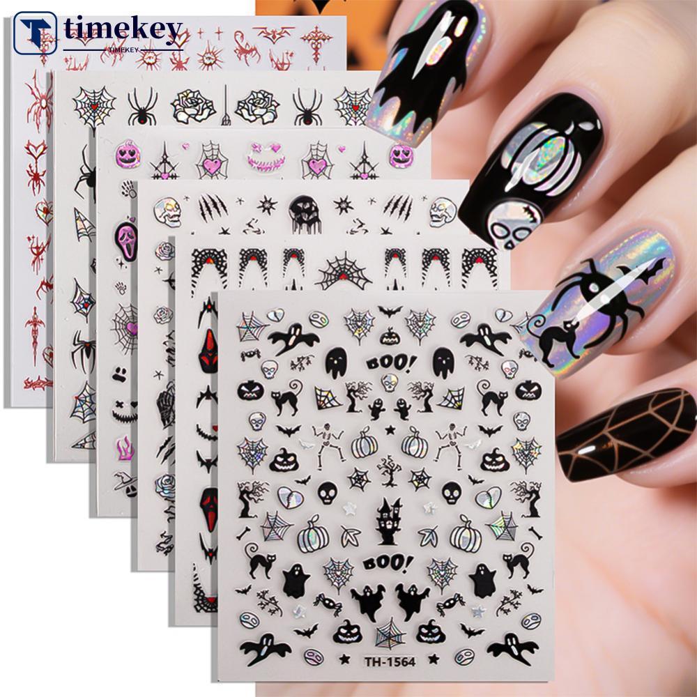 TIMEKEY 5D Spider Web เล็บสติกเกอร์ Cross Silver สีขาวสีดํา Glitter โปร่งใส Rhinestone Rose Self-Adh