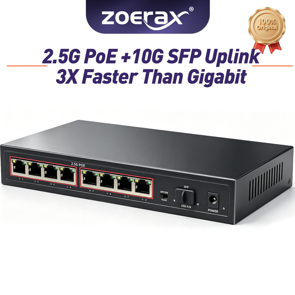 ZoeRax 2.5G PoE สวิทช์ 8 พอร์ต 10G SFP Uplink 120W IEEE 802.3af/at Ethernet สวิทช์ VLAN การแยกสําหรับกล้องวงจรปิด IP กล้อง WiFi AP
