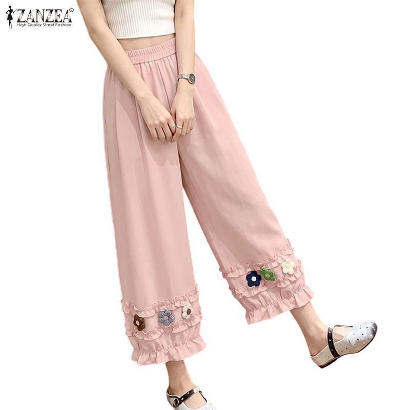 ZANZEA ผู้หญิงสาวเกาหลีสดเอวสูง 3D ดอกไม้ตกแต่ง Ruffles ตัด Crop โคมไฟกางเกง