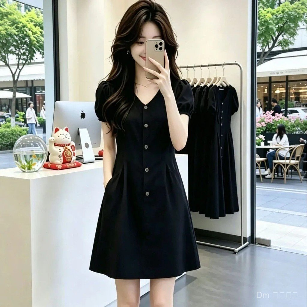 TT สีดํา V คอ Single-Breasted ชุดหญิง Plus ขนาดไขมันขนาดเล็ก mm Belly Slimmer ดู Simple Commuter เสื