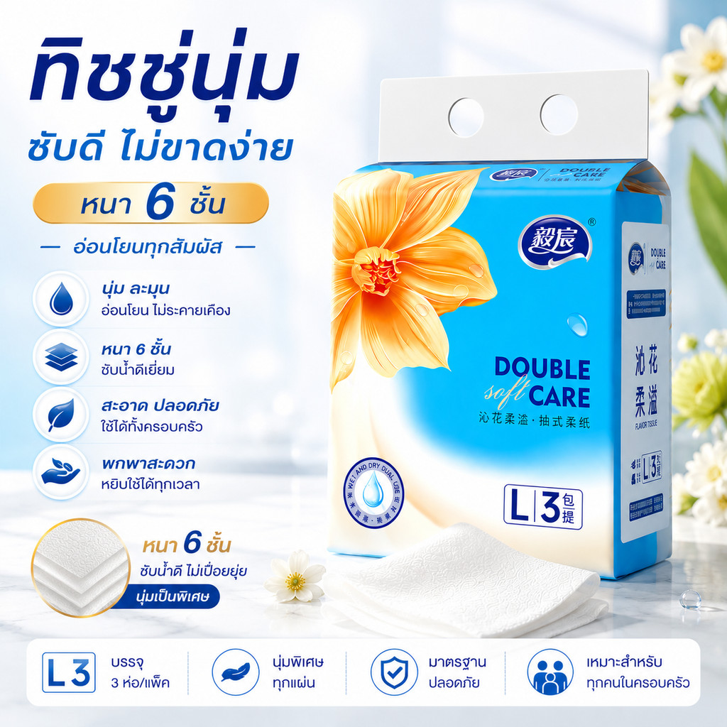 ทิชชู่ป๊อปอัพ ดอกไม้ Double Care หนา 6 ชั้น ดับเบิ้ล แคร์ 1 หิ้ว 3 ห่อ ขนาด 16*9 cm 360 แผ่น