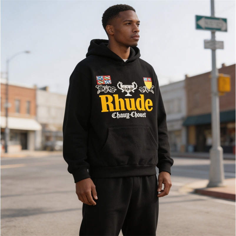ยุโรป American Street Street สวมใส่ RHUDE Badge รูปแบบตัวอักษรพิมพ์ Casual High Street Hooded เสื้อก