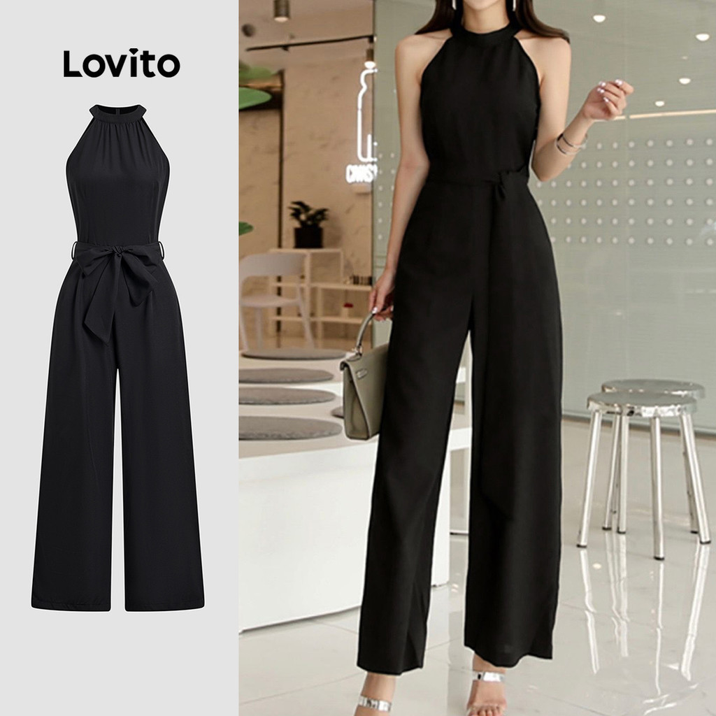 Lovito สง่างาม ชุดจัมป์สูท สายรุ้งเอว ตัดแต่งเปิดโชว์ แขนสั้น สีดำ สำหรับฤดูใบไม้ผลิ/ฤดูร้อน L143ED031