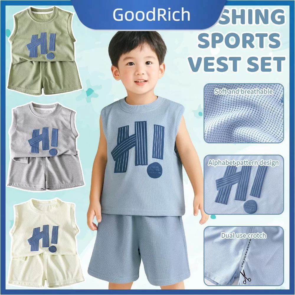 【สินค้าพร้อมส่ง】 ชุดเสื้อผ้าเด็กผู้ชาย เสื้อกั๊กฤดูร้อน ผ้าถักลายวาฟเฟิลระบายอากาศได้ดี แขนกุด สำหรับเด็กวัยหัดเดิน 【GoodRich】