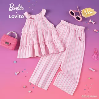 (New Arrival) Barbie™ X Lovito Kids เสื้อท็อปสีชมพูเด็กผู้หญิง ฤดูใบไม้ผลิ/ร้อน ไม่มีแขนคอฮอลเตอร์ เอวสูง ขาตรง ปักลายและกระเป๋า เกาหลี อินเทรนด์ LBL5AD034