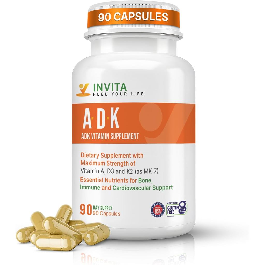 INVITA, ADK วิตามินอาหารเสริม – 90 แคปซูล – ของวิตามิน A, D3 5000 IU & K2-MK7 – สูตรฟิสิกส์สําหรับกร