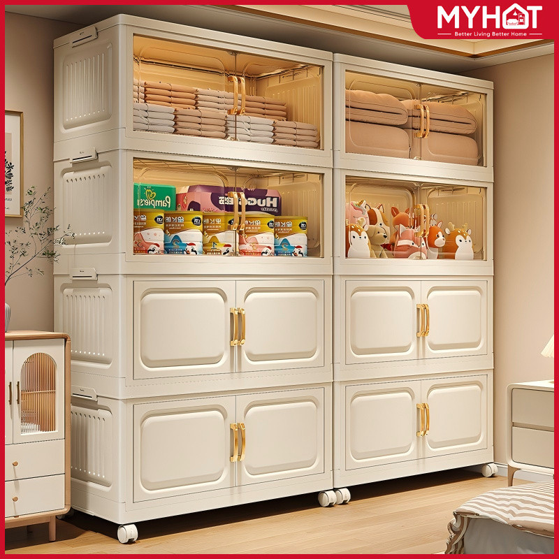 MYHOT ตู้เก็บของ ตู้อเนกประสงค์ ตู้วางของมีหลายชั้น ขนาดใหญ่ มีล้อเลื่อน ตู้เสื้อผ้า ป้องกันฝุ่น โปร่งใส พับเก็บได้สะดวก