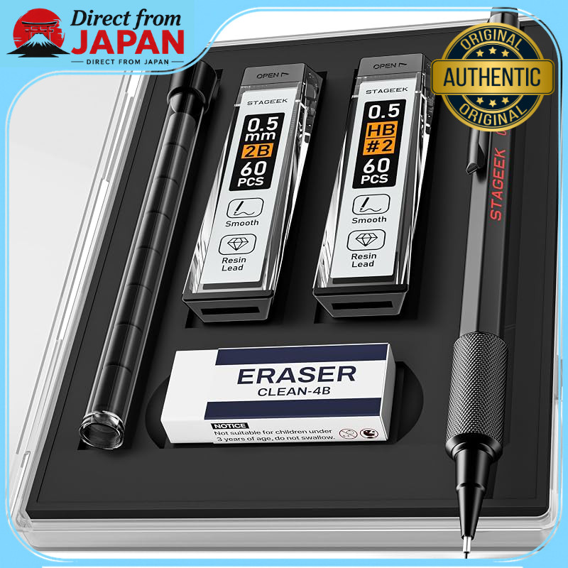 STAGEEK Metal Mechanical Pencil Set - 0.5mm & 0.7mm Drawing Pencils with HB & 2B Leads, 4B Eraser, C