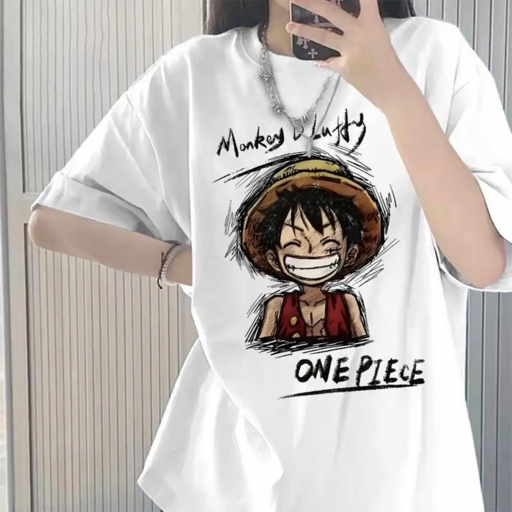 เสื้อยืดผู้ใหญ่ โอเวอร์ไซซ์ ลายมังกี้ดีลัฟฟี่ One Piece สไตล์สเกตช์อนิเมะญี่ปุ่นสตรีทแฟชั่น
