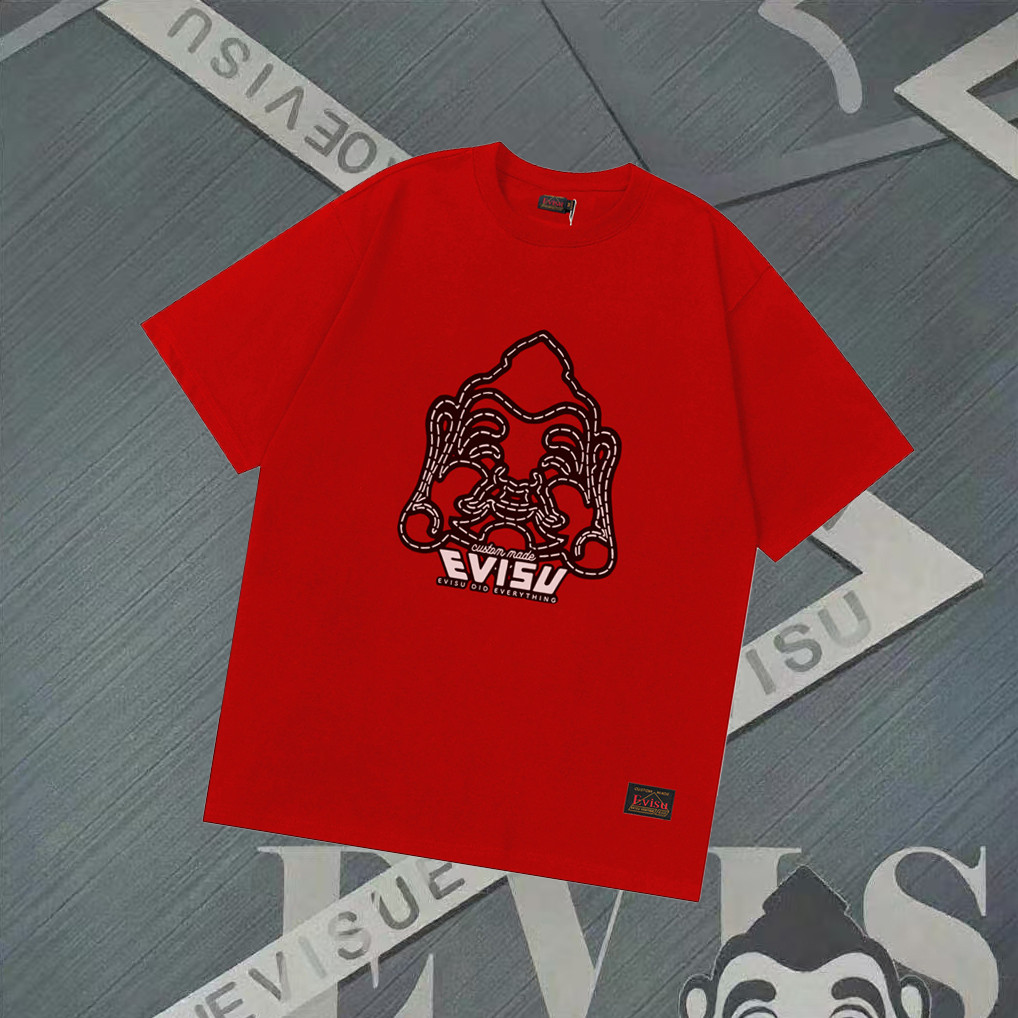 EVISU/God of Fortune/2026 คลาสสิกรอบคอแขนสั้นเสื้อยืดผู้ชายผู้หญิงฤดูร้อนสีทึบ Contrast สี Original 