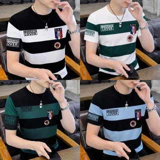 MANSTR ฤดูร้อน บวก ขนาดผู้ชายลายรอบคอเสื้อยืดแนวโน้มแขนสั้นธุรกิจ ไม่เป็นทางการ สูงสุด สีดําสีขาวสีเขียวสีฟ้า