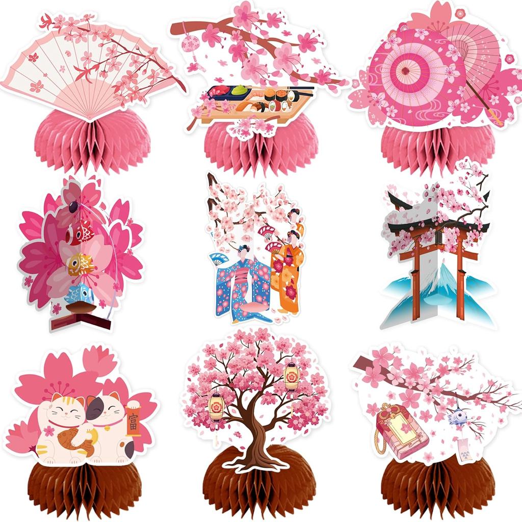 9 ชิ้น Cherry Blossom Honeycomb Centerpieces สําหรับตกแต่งโต๊ะ, Cherry Blossom ตกแต่งโต๊ะ Toppers สํ