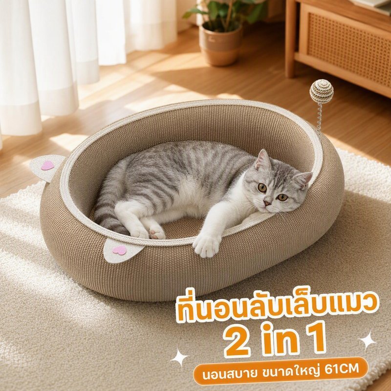 ที่ลับเล็บแมว แผ่นข่วนแมว แบบที่นอน 2 in 1 เชือกซิซาล แผ่นใหญ่ ทนขีดข่วน ใช้นอนพัก