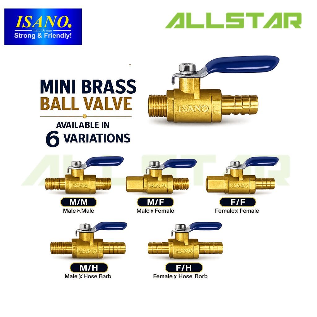 ทองเหลืองมินิบอลวาล์ว 1/4 "และ 8 มม.น้ําปิดวาล์วท่อ Barb วาล์ว ISANO M/M M/F F/F M/H F/H H/H