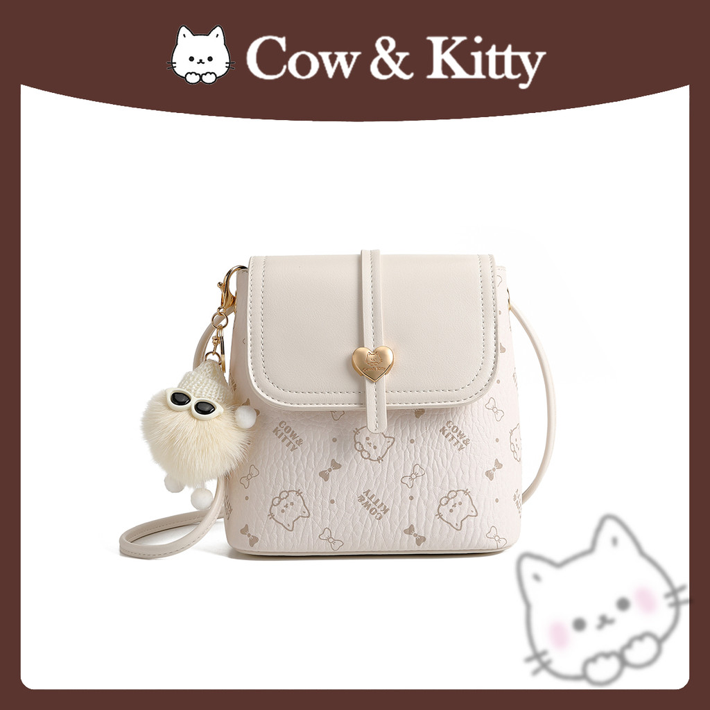 Cow & Kitty Youth Ladies Commuter Niche Influencer Diagonal Muppet Bucket Bag One Shoulder Crossbody 8002 Apricot White