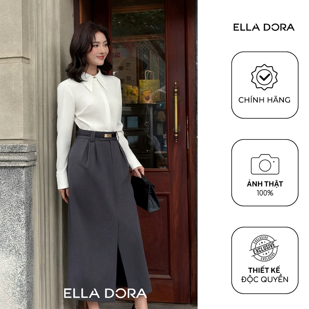 ELLA DORA เสื้อเชิ้ตสีขาวผู้หญิงปกแหลมและแขนยาวกระดุมทองแดงรูปทรงทันสมัยหลวม [SM168LA]