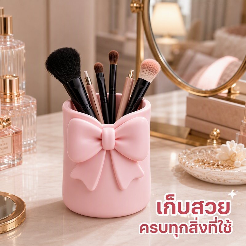 กระบอกใส่แปรงแต่งหน้า ที่เก็บเครื่องสำอาง ดีไซน์โบว์นูน 3D จัดระเบียบโต๊ะ แต่งหน้า